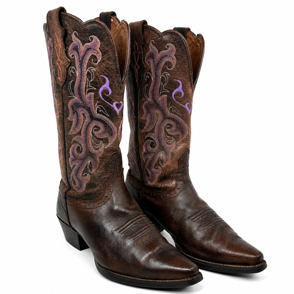 Justin Boots Womens Brown Leather Purple Embroidery Western Cowgirl Boots L2562